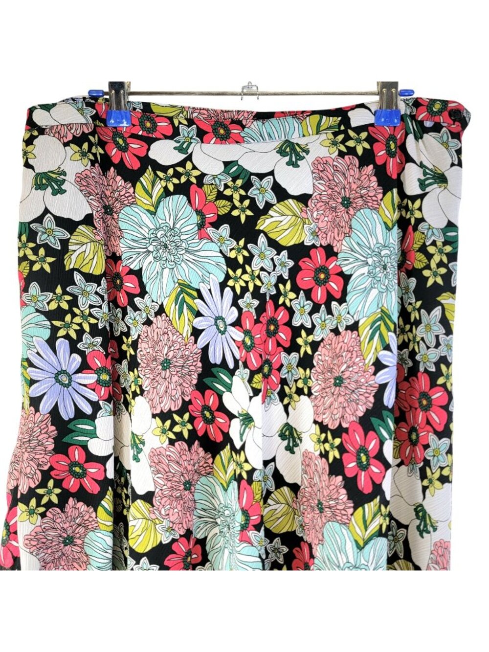 Vintage 90s Colorful Floral Midi Skirt Women Large Black Pink Blue Formal 12 L